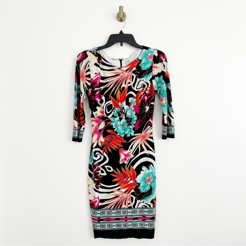Vintage Cache Floral Tropical 3/4 Sleeve Stretch Jersey Mini Dress Size 2